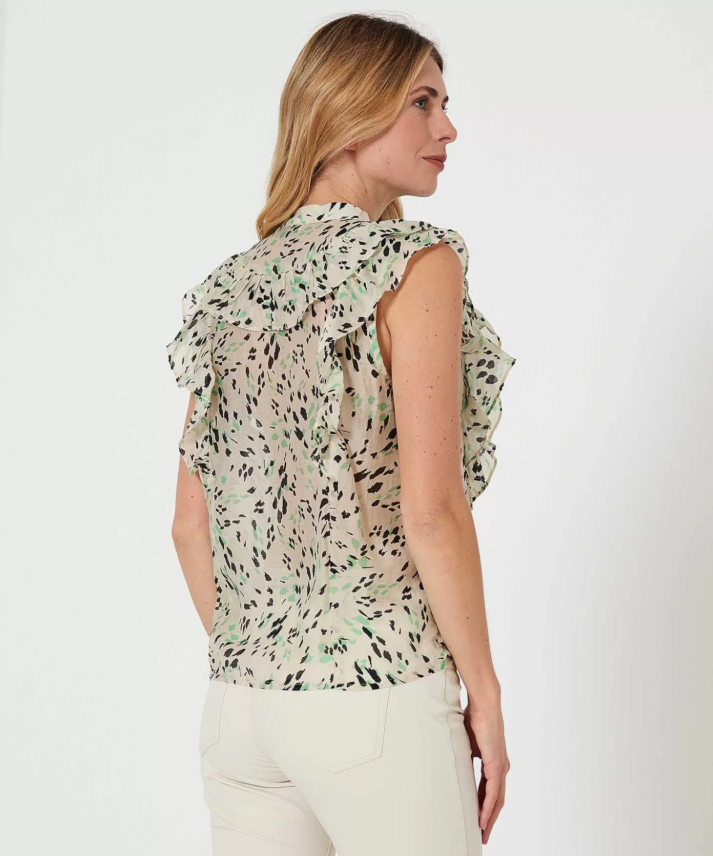 Summum Mouwloze Blouse Green Spot Print Fashion